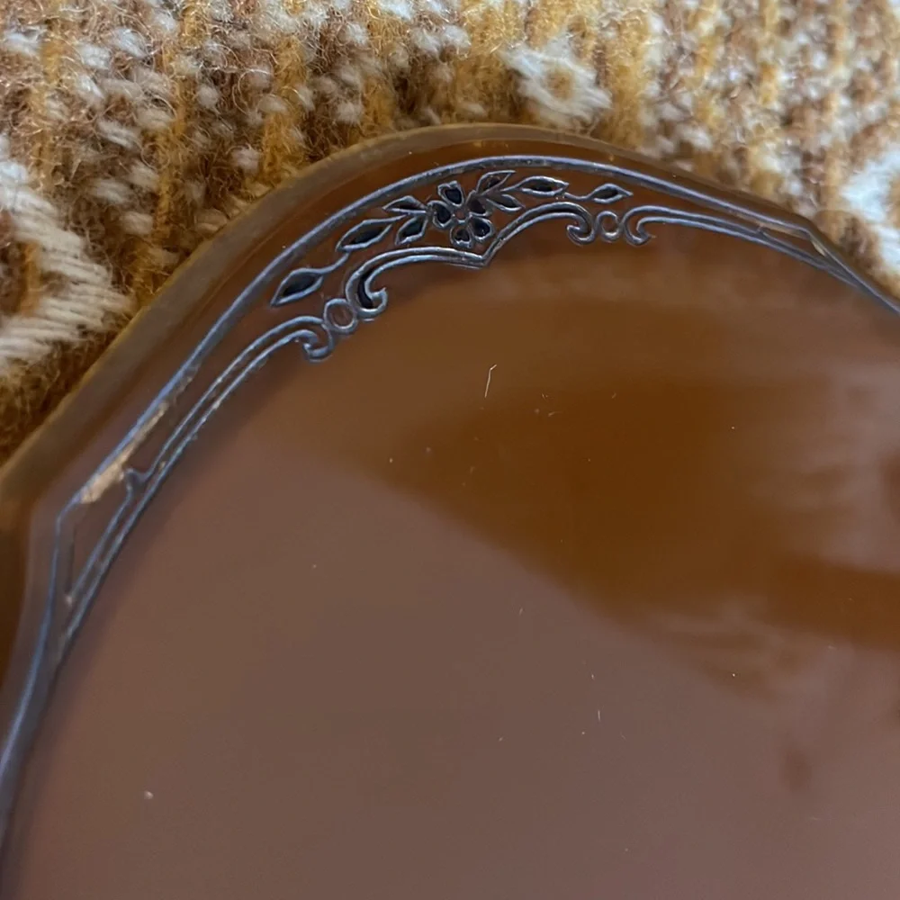Vintage Resin Hand Mirror Floral Etching